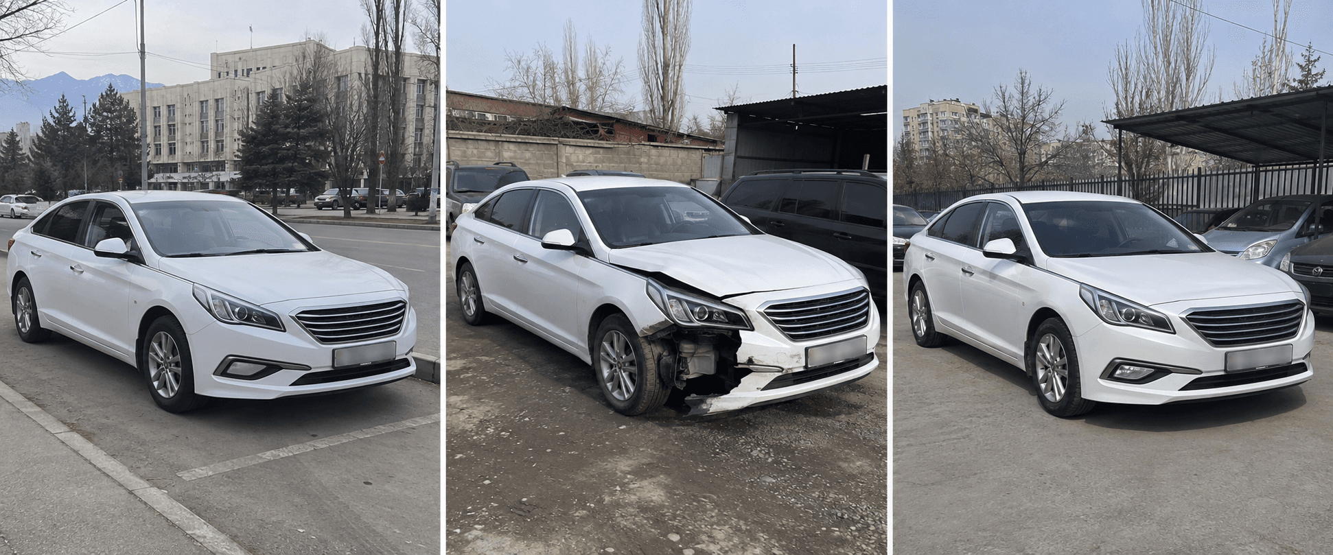 Фотографии автомобиля до повреждения, после повреждения и после ремонта